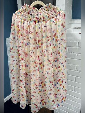 Smocked Waist Polka Dot Midi Skirt - White Multi